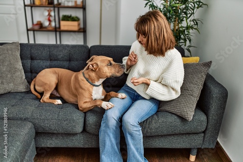 Young caucasian woman feeding dog sitting on sofa at home