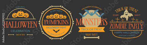 Set of happy halloween vintage emblems labels and badges. Halloween party vintage templates with pumpkin, ghost, bats. Vector illustration.