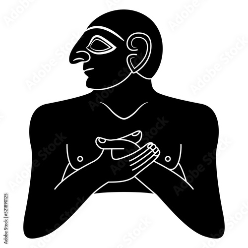 Ancient Sumerian man or priest. King of Lagash. Black and white negative silhouette.