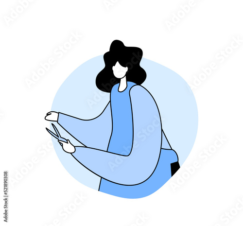 Female Character Wearing Apron Hold Scissors. Barber Or Hairdresser With Tool Or Equipment For Hair Cutting Service