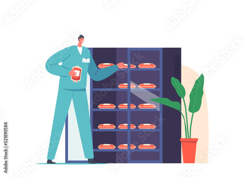 Male Nurse Character Put Plastic Bags with Lifeblood into Refrigerator, Doctor with Donated Blood in Medical Laboratory