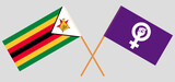 Crossed flags of Zimbabwe and Feminism. Official colors. Correct proportion