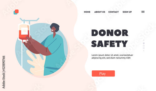 Donor Safety Landing Page Template. Blood Bank, Donation and Transfusion. Female Character in Uniform with Donor Blood