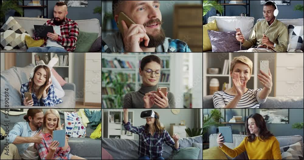 Collage of diverse Caucasian young people using gadgets in cozy apartment. Video call on smartphone and tablet. Handsome man speaking on mobile phone. Happy couple video chatting online, communication