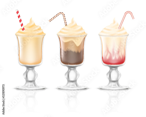 Realistic delicious milkshakes in glasses with straws. Sweet cold tasty beverages cocktails