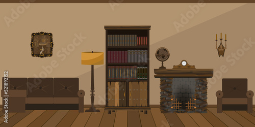 the interior of the living room is cozy with a fireplace in the old style