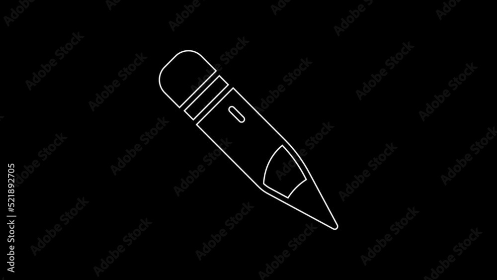 White line Pencil with eraser icon isolated on black background. Drawing and educational tools. School office symbol. 4K Video motion graphic animation White line Pencil with eraser icon isolated on black background. Drawing and educational tools. School office symbol. 4K Video motion graphic animation