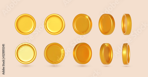 Set of gold coins. Rotating golden money. Collection applicable for gambling games, jackpot or bank or financial illustration. Can be used for video game awards, ribbons. Realistic vector illustration