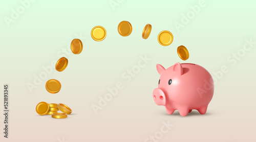 Realistic vector concept of investment. Big piggy bank with coins on background for commercial design. Saving or save money or open a bank deposit concept. 3D vector illustration.