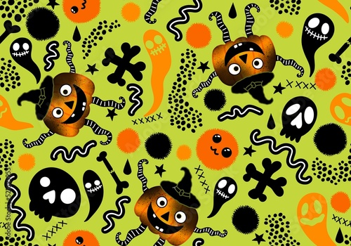 Halloween seamless pumpkins and witch hat and ghost pattern for fabrics and wrapping paper and clothes print © Tetiana