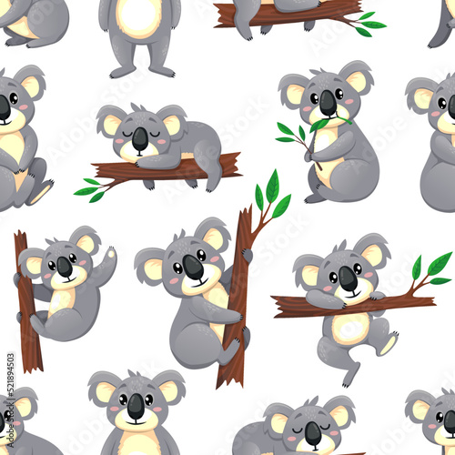 Cartoon koala bear characters, seamless pattern background, vector cute animal. Baby koala bear on tree eating eucalyptus leaf, Australian cheerful koala happy smiling, kids pattern