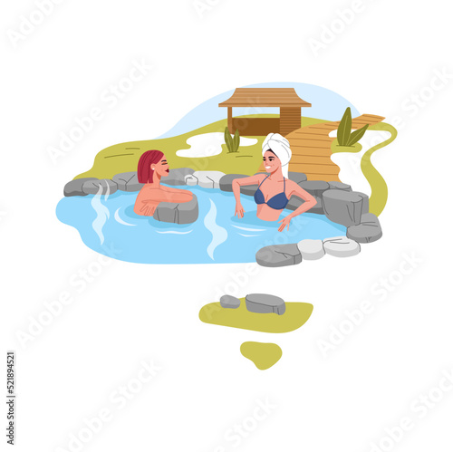 Japan onsen, women relaxing in hot spring bath or thermal pool of vector spa hotel. Japanese sauna, outdoor winter bathtub with rocks, hot water and steam. Girls in towel and swimsuit bathing at onsen