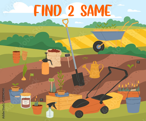 Find two same farm and gardening tools kids game worksheet. Vector puzzle quiz or matching riddle of cartoon agriculture equipment on farm field. Education game with garden plants, seedlings and spade