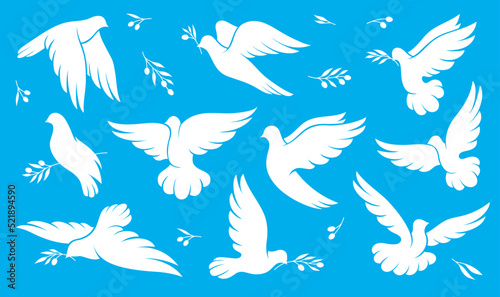 Christmas, peace and wedding dove bird silhouettes. Vector white pigeon flying with olive branch in beak and spread wings. White dove or pigeon bird symbols of hope, religion, faith and Xmas holiday