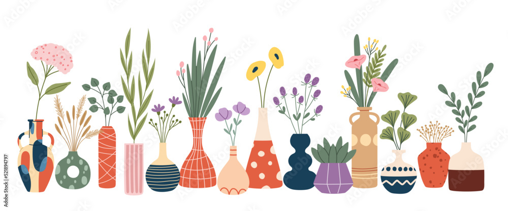 Scandinavian flower vases with bouquets of spring plants and flowers. Vector hygge vases, ceramic pots, bottles, cans and jugs with abstract pattern, dry herbs, leaves, hydrangea and begonia blossoms Scandinavian flower vases with bouquets of spring plants and flowers. Vector hygge vases, ceramic pots, bottles, cans and jugs with abstract pattern, dry herbs, leaves, hydrangea and begonia blossoms