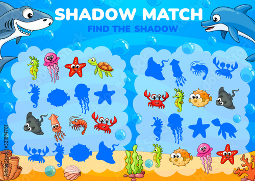 Shadow match game worksheet of cartoon funny underwater animals and fish. Vector kids puzzle game and matching riddle with task of find and connect cute crab, prawn, squid, sea turtle and jellyfish