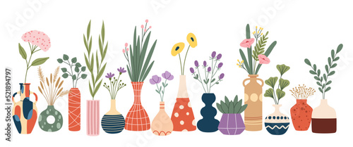 Scandinavian flower vases with bouquets of spring plants and flowers. Vector hygge vases, ceramic pots, bottles, cans and jugs with abstract pattern, dry herbs, leaves, hydrangea and begonia blossoms