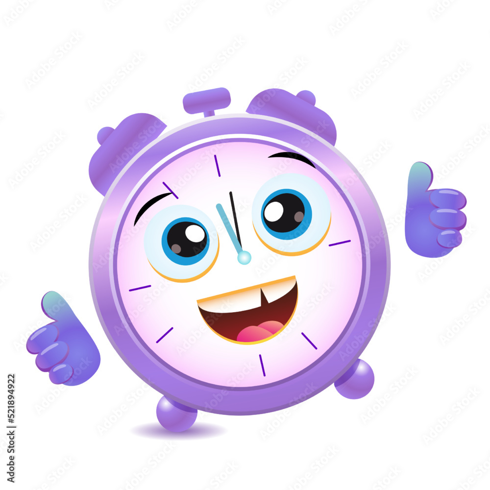Cute purple Alarm Clock character with eyes and thumbs up hands. Vector cartoon illustration. Cute purple Alarm Clock character with eyes and thumbs up hands. Vector cartoon illustration.
