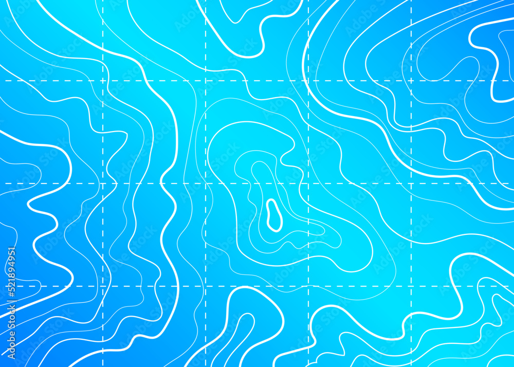 Sea and ocean contour topographic map on blue background, vector topography. Contour line pattern of abstract marine geography landscape with depth and stream route curves, latitude and longitude grid