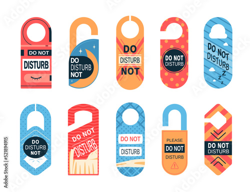 Do not disturb, room service hotel or motel signs. Vector door hangers, knob tags or handle cards with warning message, zzz sleep symbols, bed, pillow and moon. Do not disturb paper hangers set