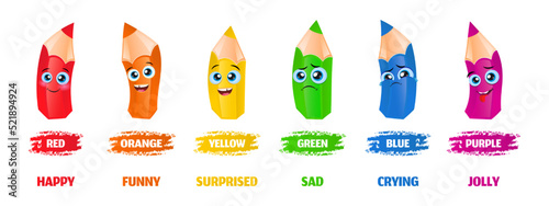 Collection of Colors Pencil Characters with different human Emotions for Children Education. Color set of pencil faces with different expressions.