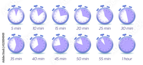Set of purple Timer, clock, stopwatch isolated icons. Label cooking time. Vector illustration. EPS 10