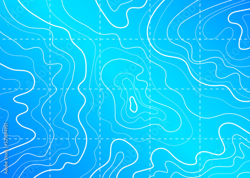 Sea and ocean contour topographic map on blue background, vector topography. Contour line pattern of abstract marine geography landscape with depth and stream route curves, latitude and longitude grid
