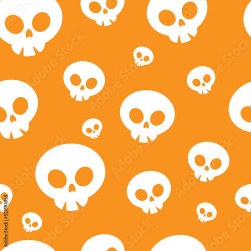 Fototapeta Naklejka Na Ścianę i Meble -  Funny white skulls and flowers isolated on orange background. Cute festive cartoon seamless pattern. Vector simple flat graphic hand drawn illustration. Texture.