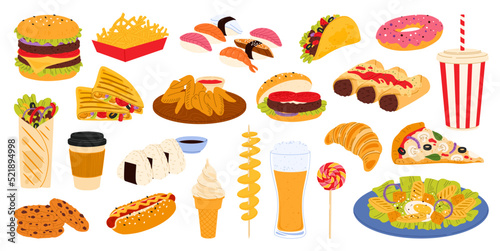Fast food burger, pizza, hamburger and drink with sandwich, vector lunch menu set. Fast food chicken meals, coffee and snacks, fastfood restaurant icons of hot dog, ice cream or sushi and potato fries