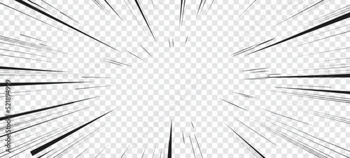 Manga speed lines, comic anime radial effect on transparent background, cartoon vector. Manga explosion, motion or movement action for comic book, burst flash rays frame for superhero bang effect photo