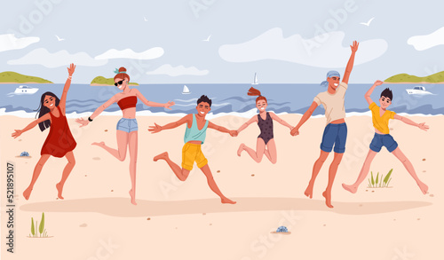 Young people company jumping on beach, happy friends on sea vacations, vector background. Family friends on summer holiday jumping at beach, young boys and girls having fun at seaside on travel
