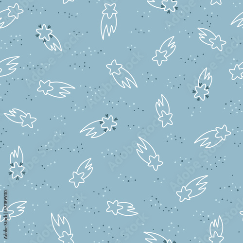 Seamless vector pattern with stars in the sky. Line objects. Magic night sky texture. Cute hand drawn background for kids room decor, nursery art, package, wrapping paper, textile, fabric, wallpaper.