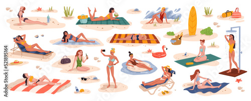 Pretty young women on summer beach, girls on vacations in bikini, vector seaside. Women on tropical beach in swimsuits sunbathing, drinking cocktail or making selfie photo and yoga relax or picnic