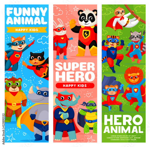 Superhero cartoon animal characters. Vector banners of cute cat, bear and dog personages in super hero costumes with masks and capes. Funny lion, brave raccoon, happy panda, strong elephant and rhino