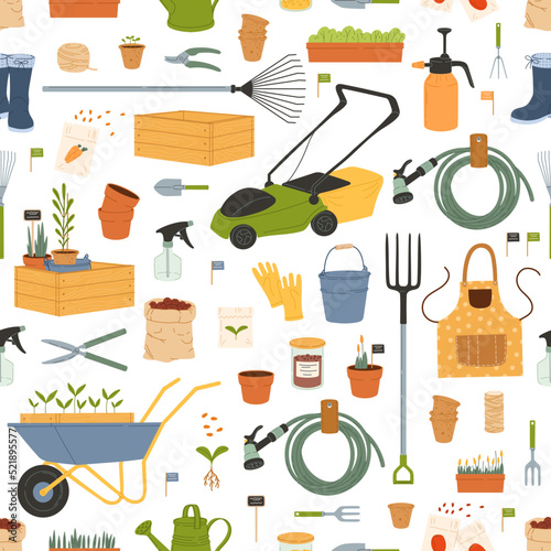 Farm and gardening tools seamless pattern. Vector background with plants and equipment of agriculture, farming and gardening. Garden gloves, boots, rake and wheelbarrow, mower, watering hose and can