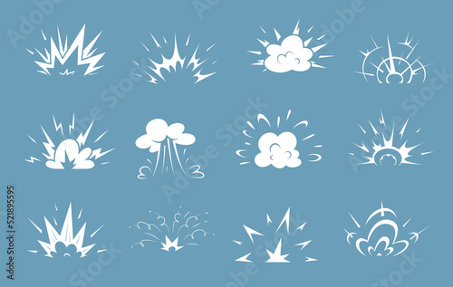 Cartoon bomb explosion, comic clouds with smoke. Vector blast, boom, bang or burst fire effect of exploded dynamite or nuclear bombs with energy flashes, dust splashes and smoke clouds