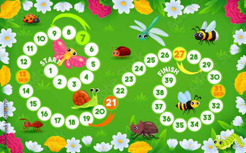 Step board game, cartoon insect characters on summer meadow with vector path of numbered steps and arrows. Kids worksheet of puzzle quiz with cute personages of butterfly, ladybug, bee, ant and bug