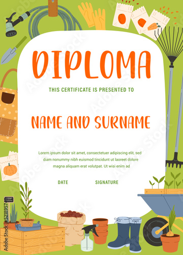 Farmer diploma with farm and gardening tools frame background. Vector certificate of achievement in agriculture and gardening education with farmer equipment and plants. Vertical diploma certificate