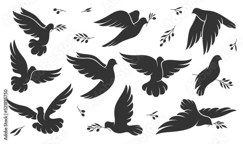 Canvastavla Christmas, peace or wedding dove bird silhouettes, vector pigeon icons