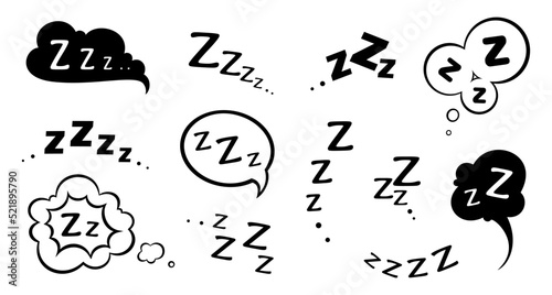 Zzz Zzzz bed sleep snore, snooze nap Z sound icons vector cloud bubbles. Sleepy yawn or insomnia sleeper and alarm clock Zzz doodle line icons of goodnight deep sleep, snore and snooze expressions