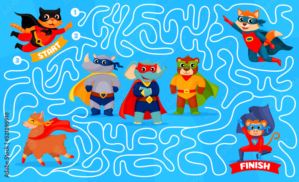 Fototapeta premium Labyrinth maze game, cartoon superhero animal characters kids puzzle vector worksheet. Find right way riddle with brave super hero cat, dog, bear and monkey in capes and masks, pathfinding game