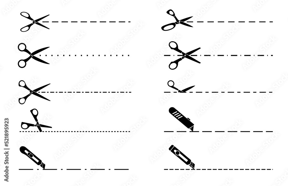 Cut line, scissors, cutter, utility knife. Vector coupon cut here
