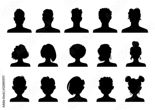 Avatar profile silhouettes, vector portraits of people heads. Male or female anonymous person avatars, social media user profile icon, silhouettes of man, woman, girl and boy with modern hairstyles