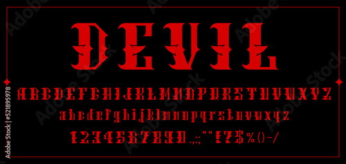 Fototapeta Devil font, demon typeface or bloody red evil letters, vector horror alphabet typography