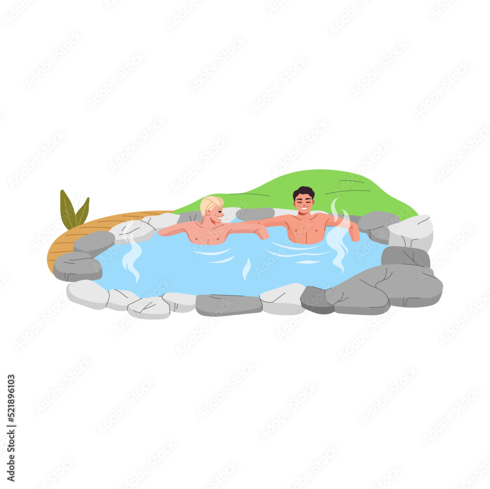 Japan onsen with hot spring bath. Cartoon young men relaxing in vector thermal pool of japanese spa hotel with hot water, steam, rocks and wood pathway. People visiting outdoor sauna, geothermal onsen Japan onsen with hot spring bath. Cartoon young men relaxing in vector thermal pool of japanese spa hotel with hot water, steam, rocks and wood pathway. People visiting outdoor sauna, geothermal onsen