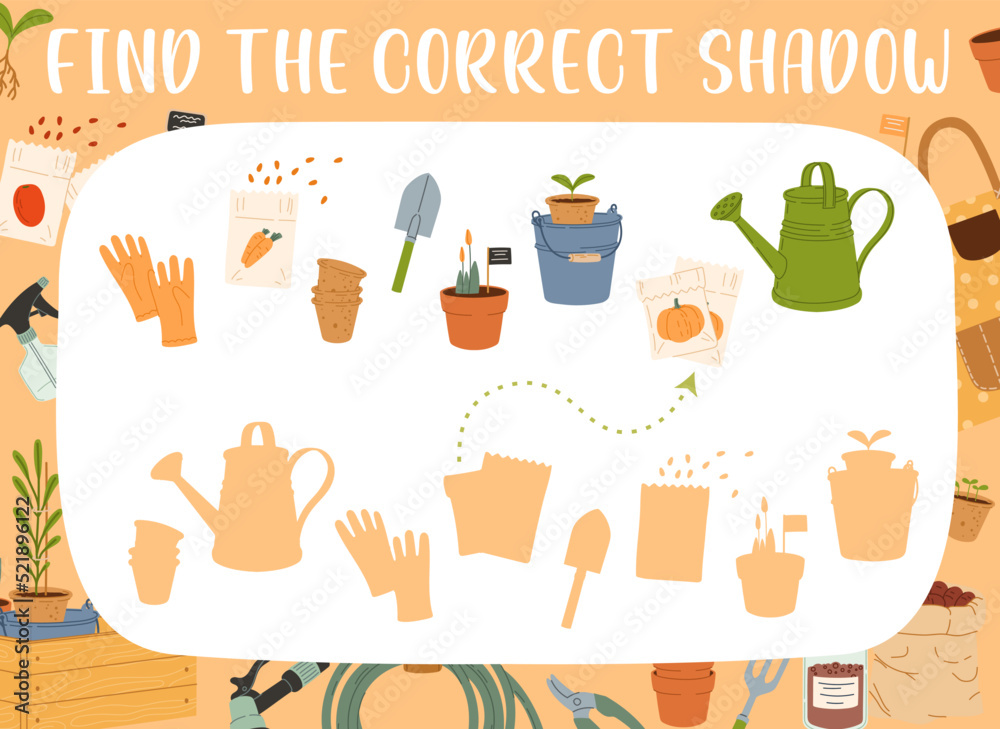 Find the correct shadow of farm and gardening tools. Kids game or puzzle vector worksheet of