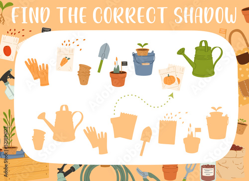 Find the correct shadow of farm and gardening tools. Kids game or puzzle vector worksheet of education activity with farm equipment. Matching riddle with cartoon garden plant, flower pot and seedlings