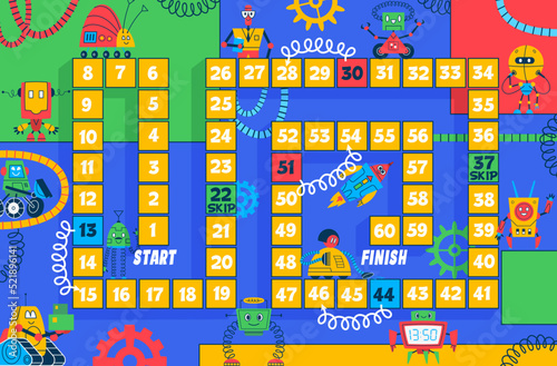 Step board game, cartoon robots and droids with numbered path and spring arrows. Vector worksheet of kids boardgame, roll and move puzzle quiz with funny robots, androids, cyborgs and droids
