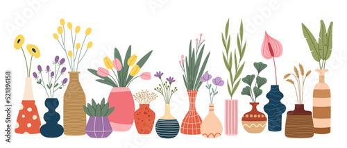 Scandinavian flower vases, pots and bottles with vector spring plant bouquets of wild and garden flowers, blooming herbs, succulent plants and leaves. Pottery of scandinavian hygge interior design