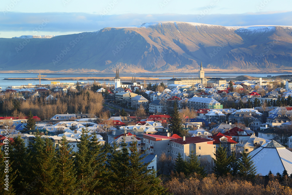 Reykjavik, Iceland (with Mount Esja in the background), viewed from the Perlan restaurant